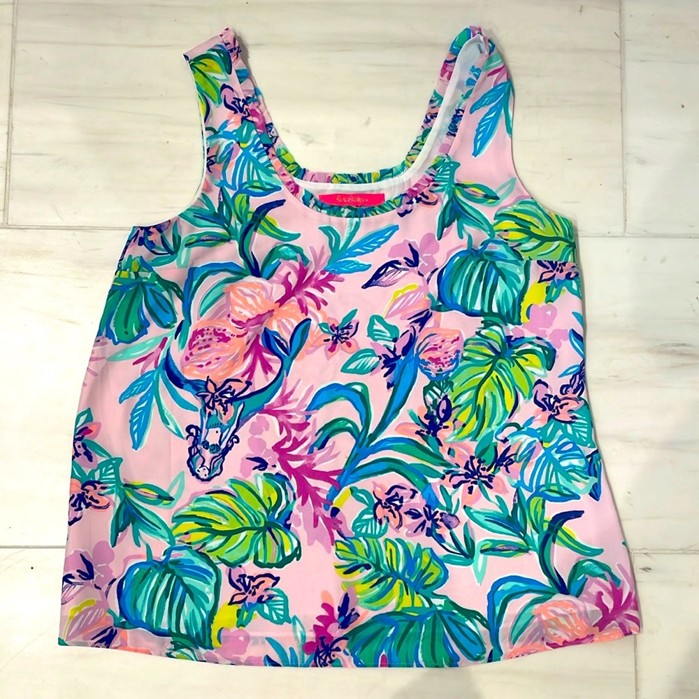 Lilly Pulitzer Ruffle Top Lined Sleeveless Tropical  Pink Green XS Floral small
